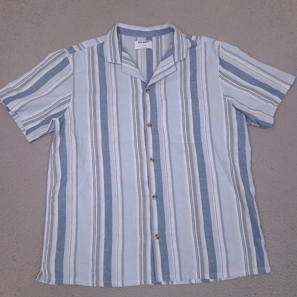 Old Navy Linen Blend Shirt Men's Large‎ Blue Striped Camp Collar Short Sleeve